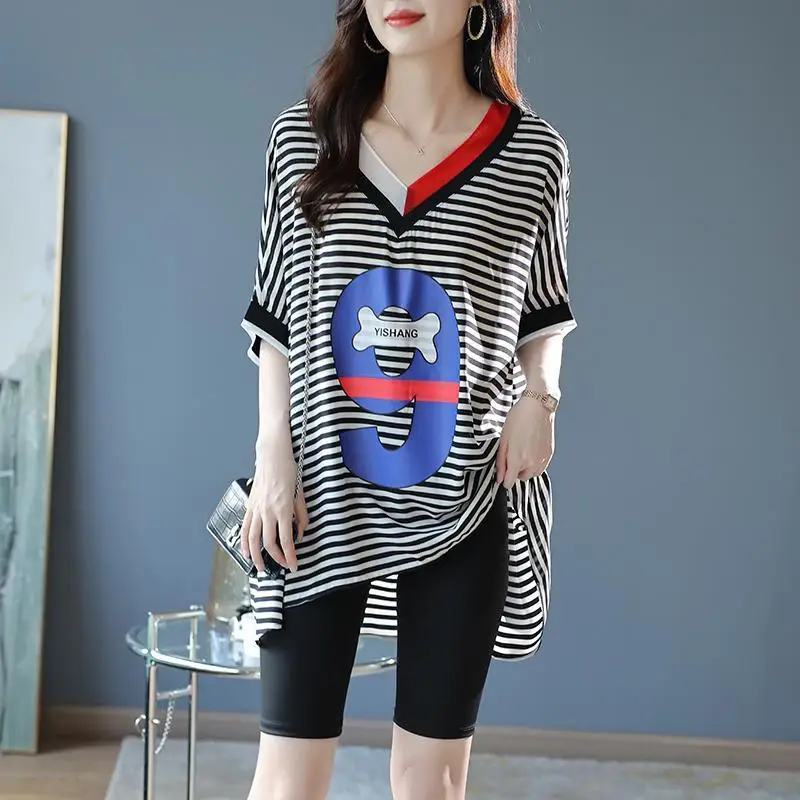 Plus Size Thin V Neck Striped Tops Short Sleeve Contrast Print Loose Fashion T Shirts Summer New Casual Vintage Women Clothing