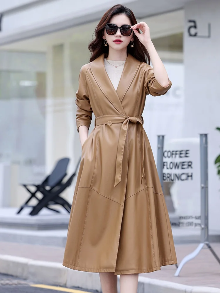 

Elegant Women's Sheepskin Leather Jacket Mid-Length High-Quality Spring Autumn Fashionable Commute Style Long Sleeve Coat