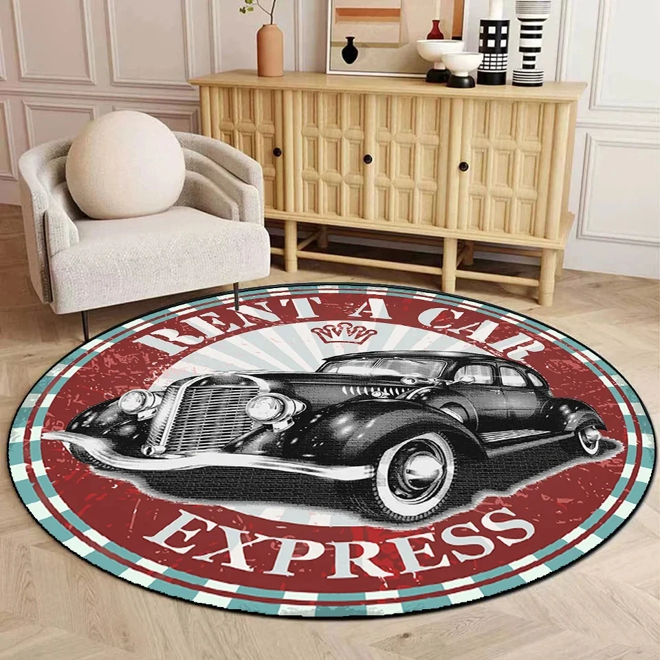 Retro Car Poster Round Rug Vintage Car Circle Carpet for Living Room Bedroom Sofa Cloakroom Decor,Kids Play Non-slip Floor Mat