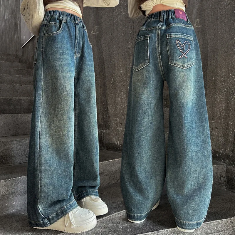 Teenage Girls' Wide Leg Jeans Spring Autumn Korean Casual Retro Blue Denim Pants Fashion Elastic Waist Trousers For Kids New Ar