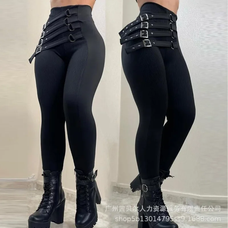 女性用ハイウエストスリムフィットパンツ,ブラックパンツ,新品,2023