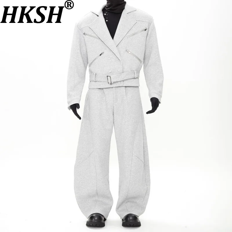 

HKSH Весна Осень Новый Мужской Прилив Повседневный Блейзер на молнии с поясом и пуговицами Модный Элегантный Пиджак Брюки Комплект из двух предметов HK12109
