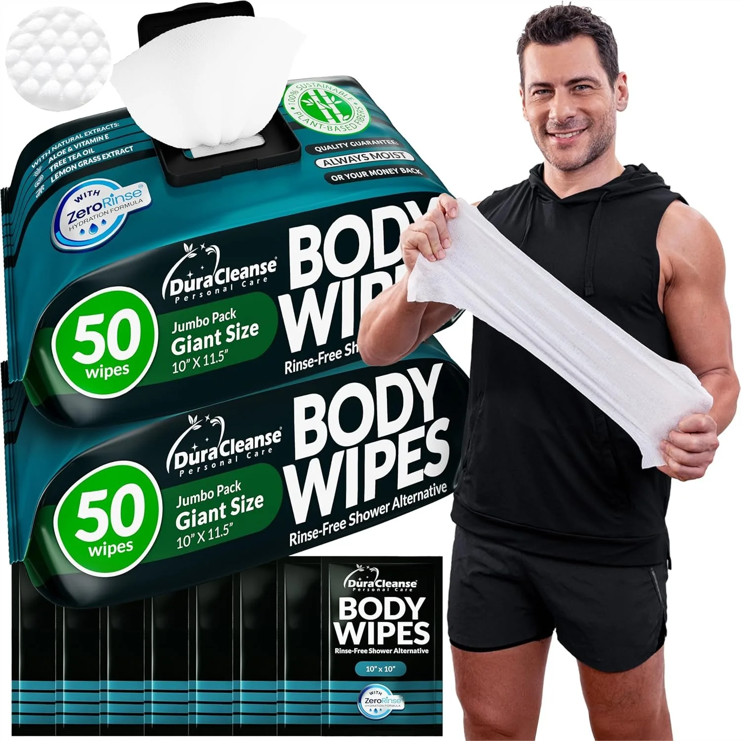 Body Wipes for Men (2pk) - 100 XL No Rinse Shower Sheets + 8 Travel Wipes - 10x11.5