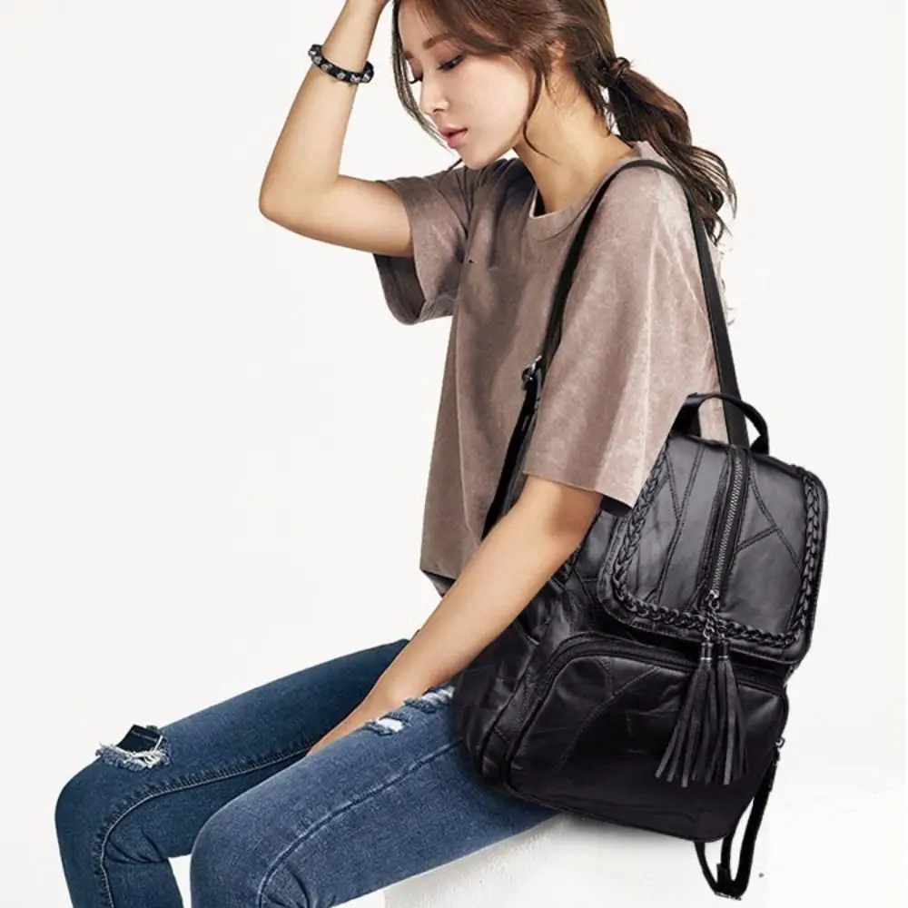 Creative Solid Color PU Leather Backpack Zipper Korean Style Tasse Shoulder Bag Handbag Soft Students School Bag Outdoor