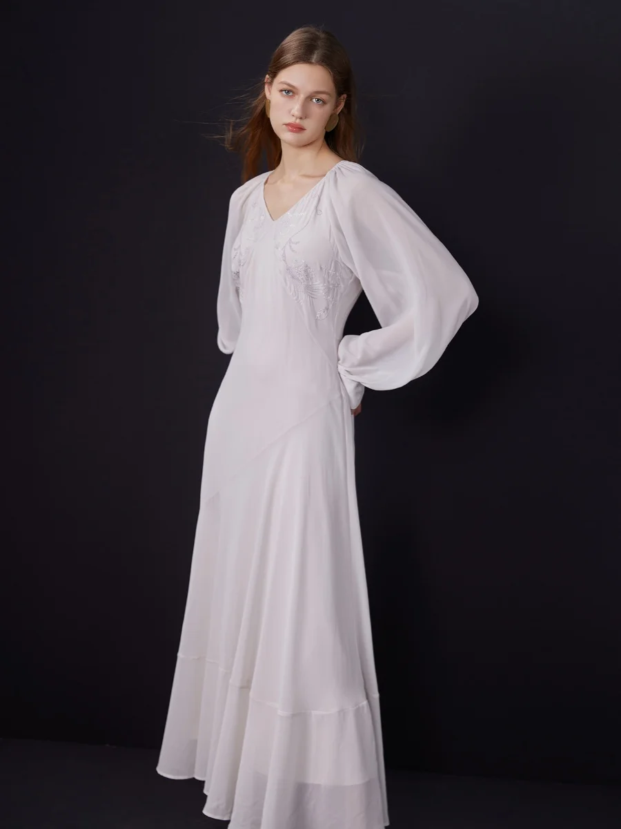 

Slimming Godd Skirt with Vine Embroidery adient Effect Inverted V Waistline Large Skirt Hemline for Women's Dres