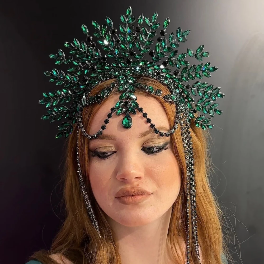 

Fashion Green Halo Crown Headband Beauty Pageant Hair Accessories Handmade Bridal Rhinestone Headpiece Tiara Wedding for Women
