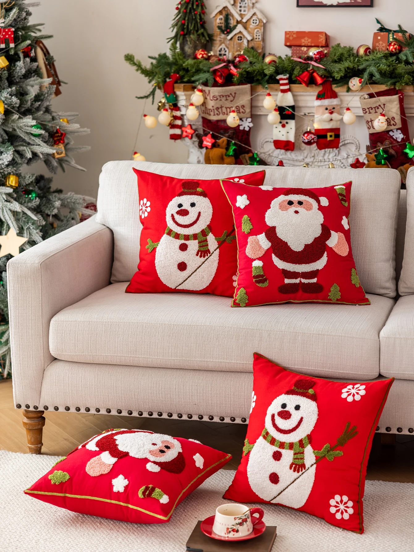 1PC 3D Embroidered Red Canvas Christmas Santa & Snowman Pillowcase Christmas Theme Seasonally Universal Decorative Cushion Cover