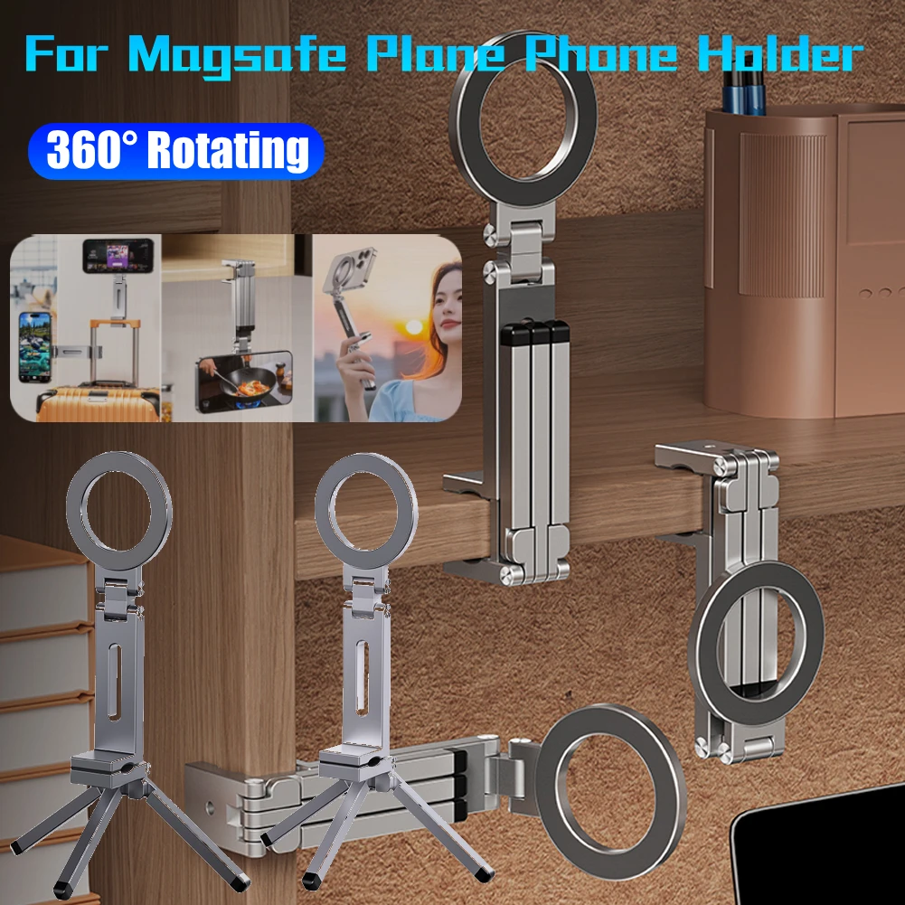 

For Magsafe Plane Phone Holder 360° Rotating Portable Magnetic Phone Holder Aluminum Alloy Foldable Tripod for Travel/Car/Desk
