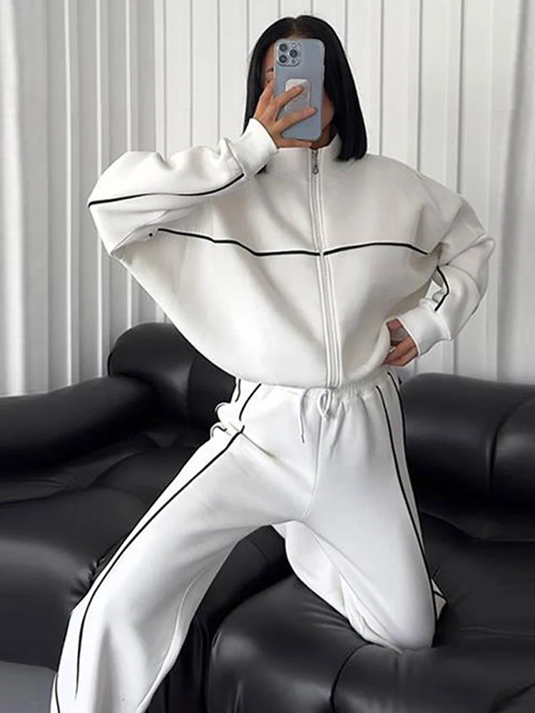 Sport Stripe Sweatshirt Two Piece Set Women White Turtleneck Long Sleeve Elastic Waist Pant Sets Female 2024 Autumn Winter