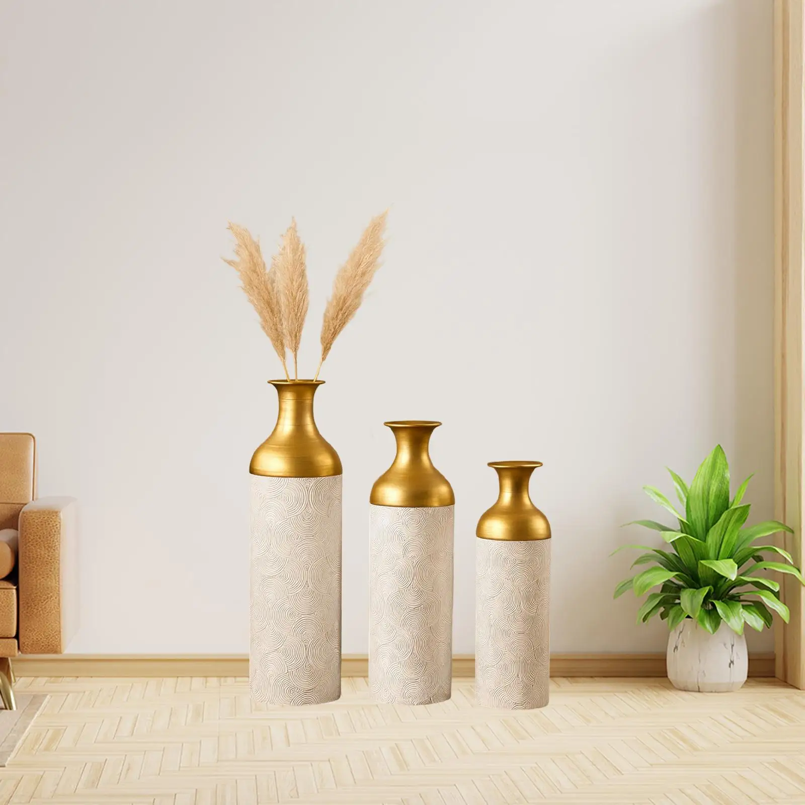 

Metal Floor Vases Set in 3 Sizes Wavy Pattern for Farmhouse Decor 26.7inch 20inch and 16inch Versatile Detachable Design