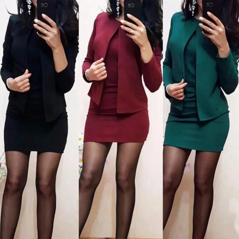 Solid Color Sleeveless Bodycon Dress O Neck 2Pcs/Set Hot Office Lady Short Coat Mini