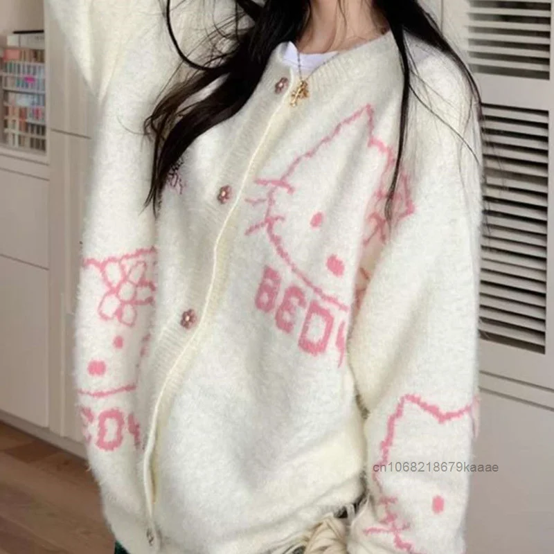 Sanrio Cute Hello Kitty Knitted Sweater Cardigan Women New Fashion Kawaii Design Soft Sweater Japanese Style Loose Casual Coat