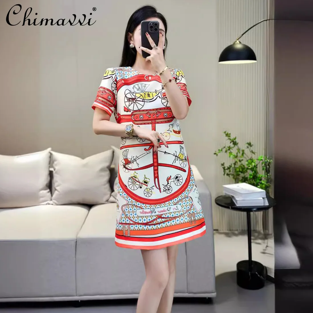 

Fashion Printed Short-sleeved Dress Summer 2024 New High-end Round Neck Slim-fitting Retro Temperament Above Knee Ladies Dress