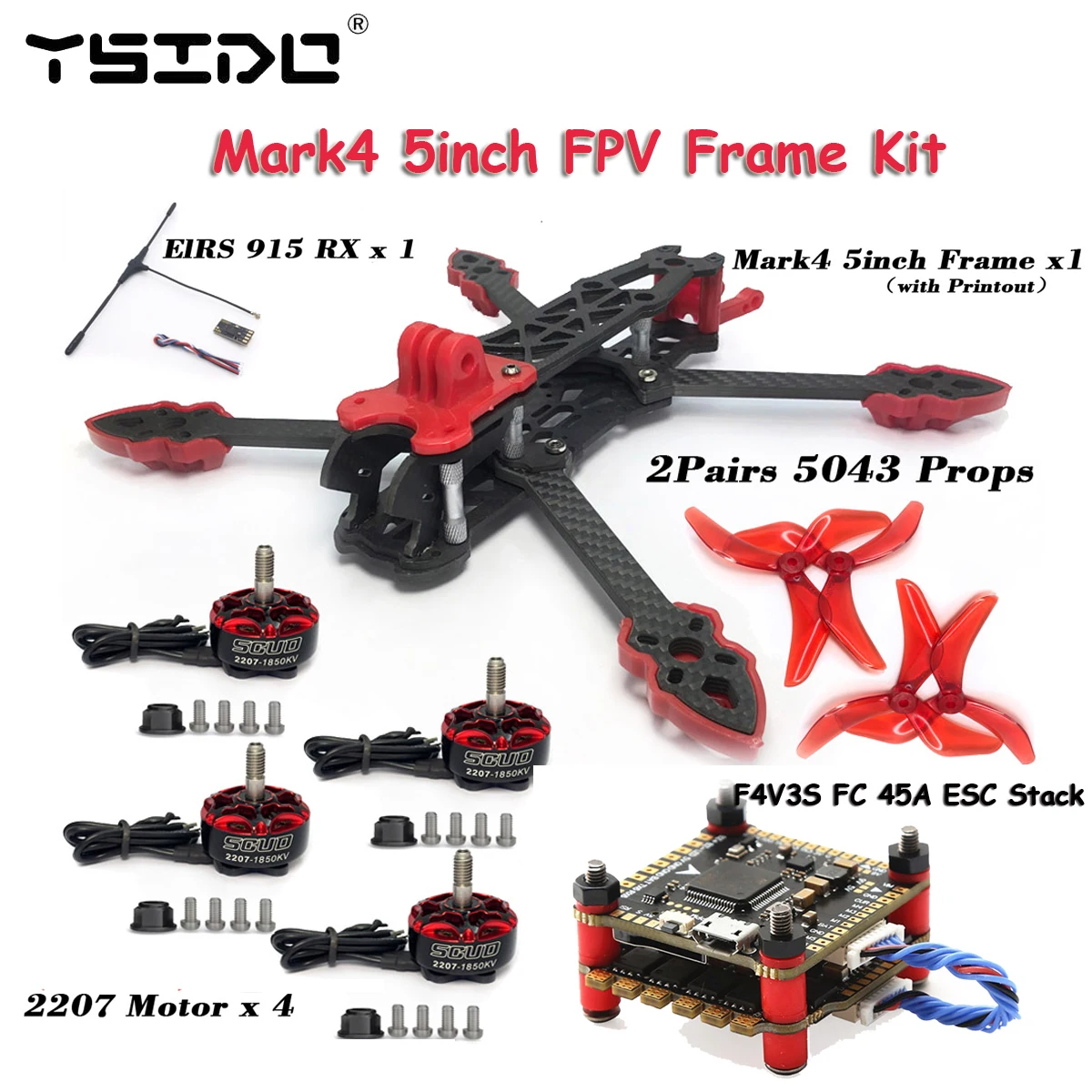 Mark4 5inch FPV Carbon Fiber Frame 2207 Motor 5043 propeller F4V3S PLUS FC 45A 4-in-1 ESC ELRS 915mhz Combo for FPV Racing Drone