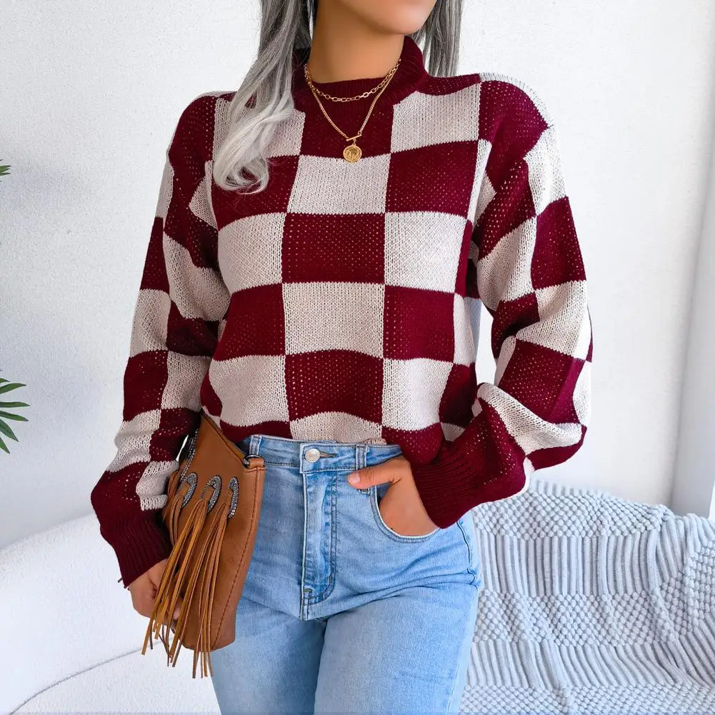 

Versatile Loose-fitting Sweater Plaid Print Contrast Color Knit Sweater O-neck Loose Pullover Tops for Women Autumn Winter