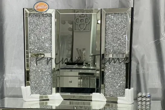 Crystal Shinny Mirrored Frame Decor Vanity Dresser Silver Glass Dressing Table For Bedroom Furniture