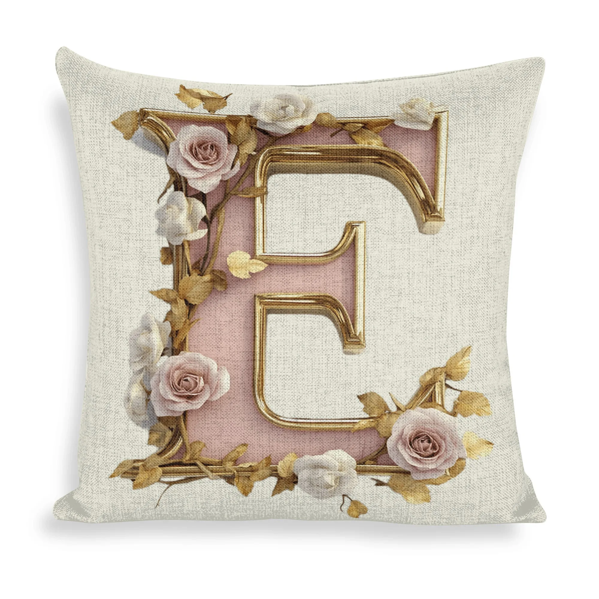 Floral Pink Letter E Pillow Cover, Suitable For Sofa Bedroom Decoration, Unique Holiday Gift