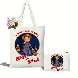 2pcs/set Chucky Printed Shoulder Bag, Reusable Foldable Tote Bag Lunch Box Bag Handbag with Wristlet Clutch Bag for Women