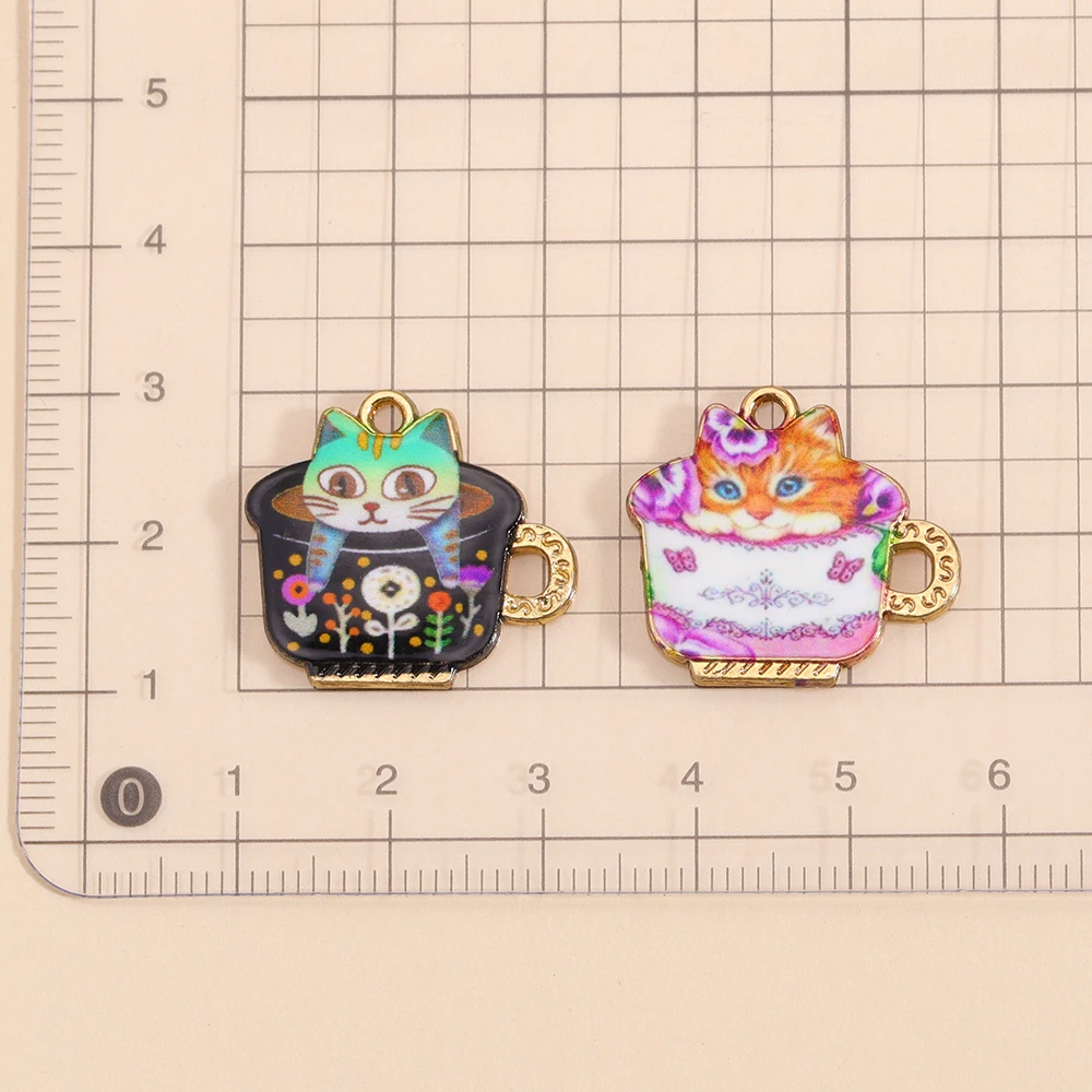 10Pcs Ins Style Cute Coffee Cup Cat Charms DIY Jewelry Necklace Bracelet Earrings Metal Dripping Oil Kawaii Teacup Cat Pendants