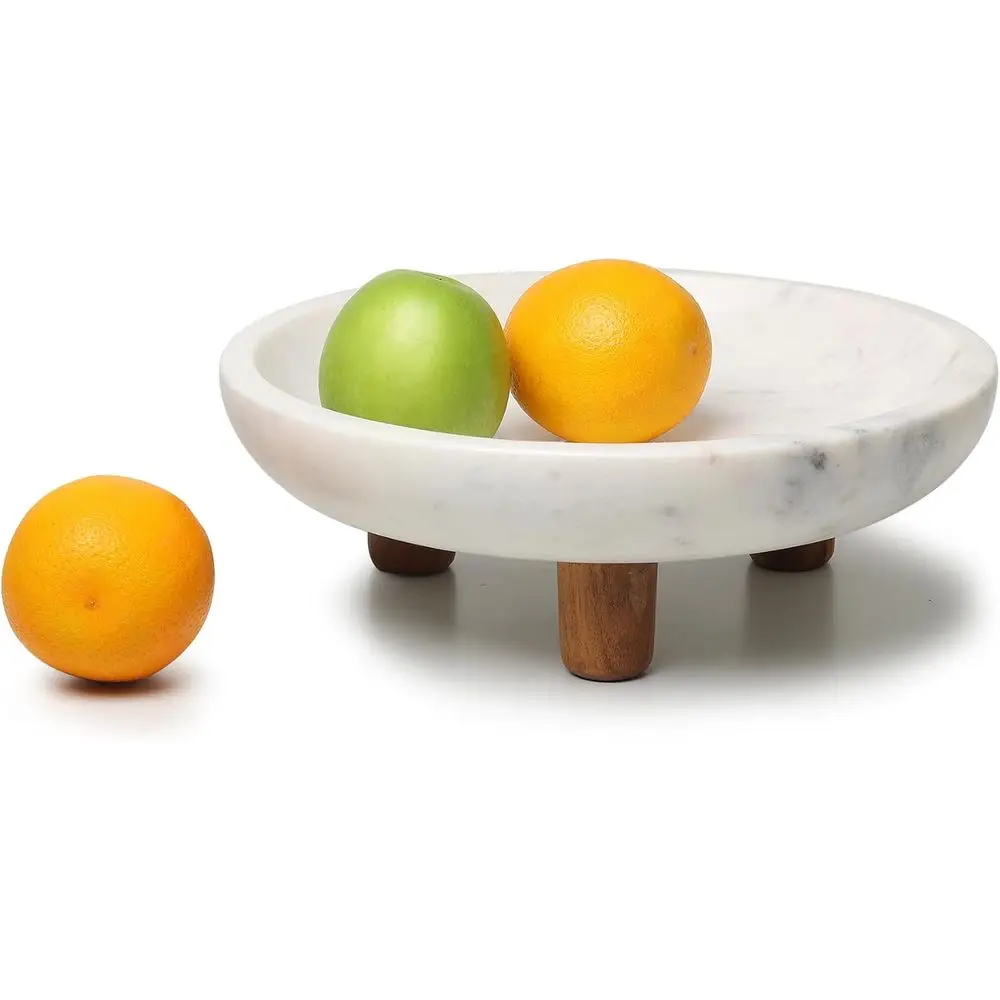 

Large Wooden-legged Marble Ruit Bowl, 11.8 Diameter, Multipurpose Centerpiece for Kitchen Counter or Dining Table