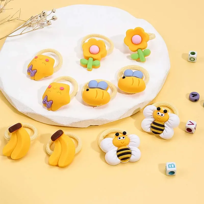 ncmama 10pcs/Set Cute Cartoon Hair Rope Children bee Fruits Hair bands Hair Accessories Girls Sweet Elastic Rubber Band Headwear