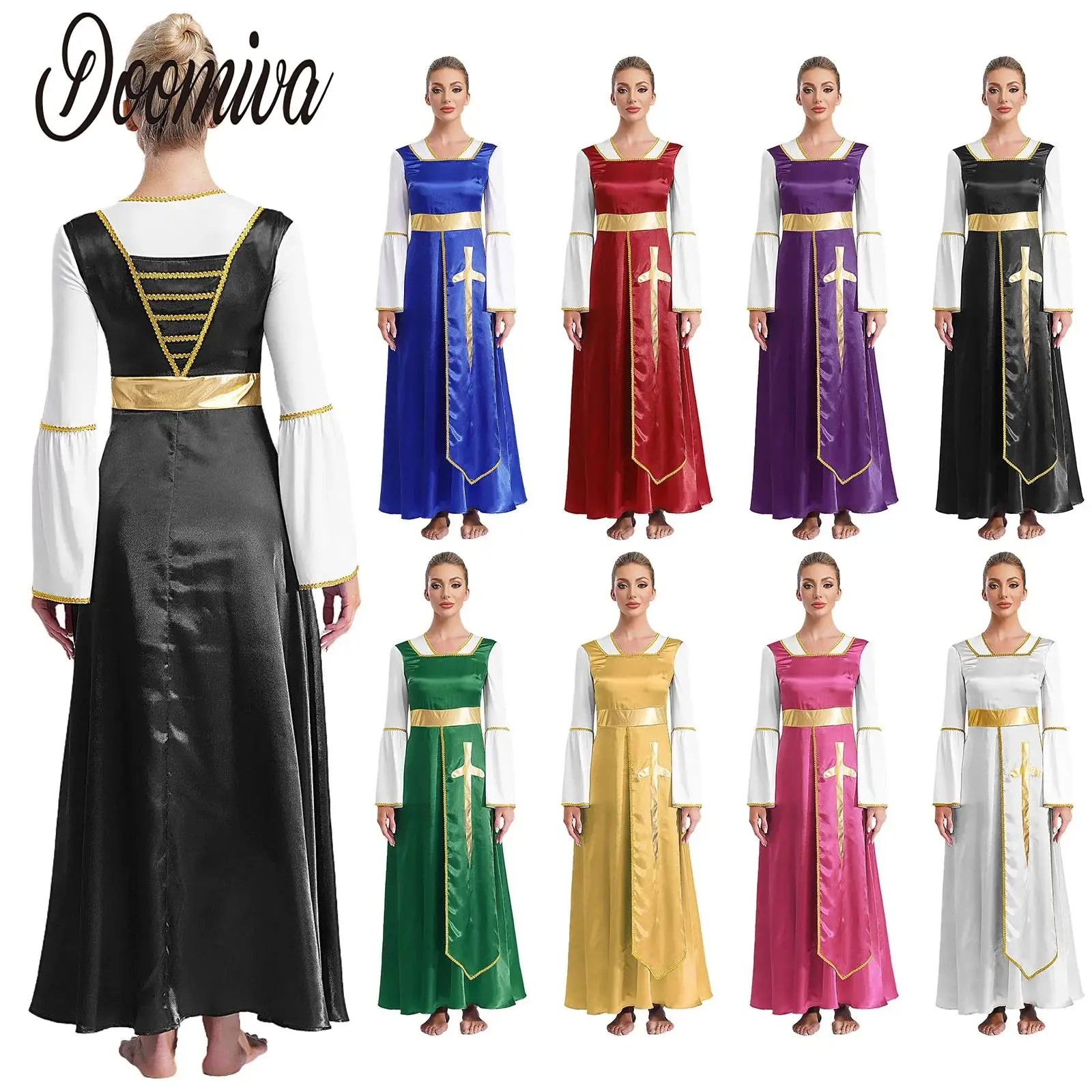 Frauen Metallic Kreuz Liturgische Lob Tanz Kleid Kirche Chor Anbetung Kostüm Rüschen Overlay Ärmelloses Maxi Kleid Tanz Robe