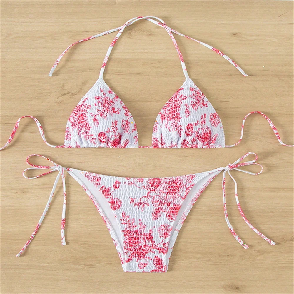 Pleated Wrinkled Bikini Print Swimsuit String Lace Up Backless Swimwear Y2K Micro Bathing Suit Women Beach Outfit Bikinis Femmes