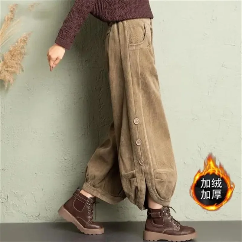 Autumn Winter Corduroy Split Velvet Harem Pants Vintage Casual Warm Women Pantalones Casual High Waist Women's Trousers