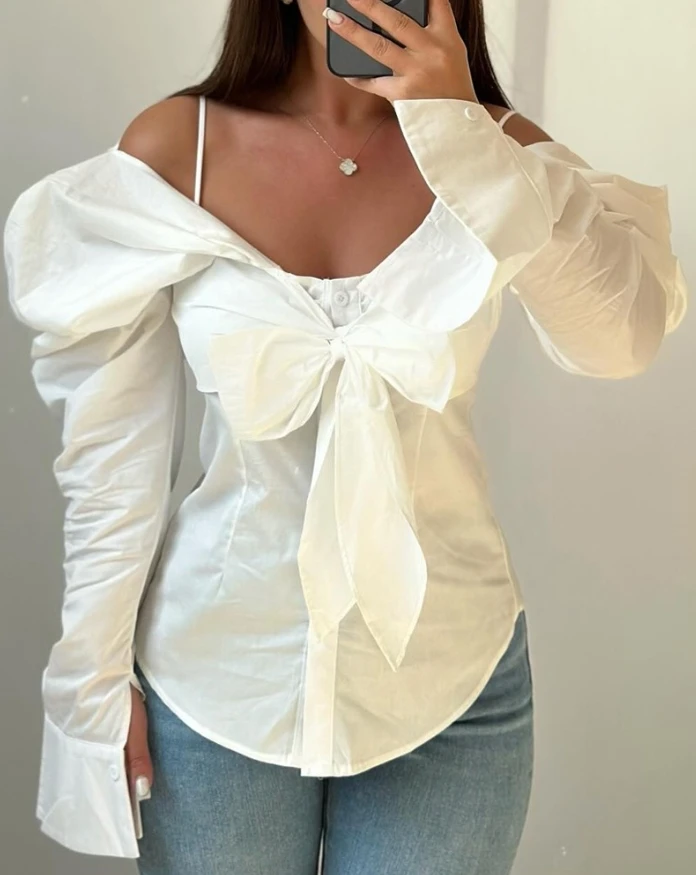 

Vintage Womens Blouse Spring V Neck Gigot Sleeve Cold Shoulder Cinched Waist Blouse Bowknot Design Casual Top Y2K Street