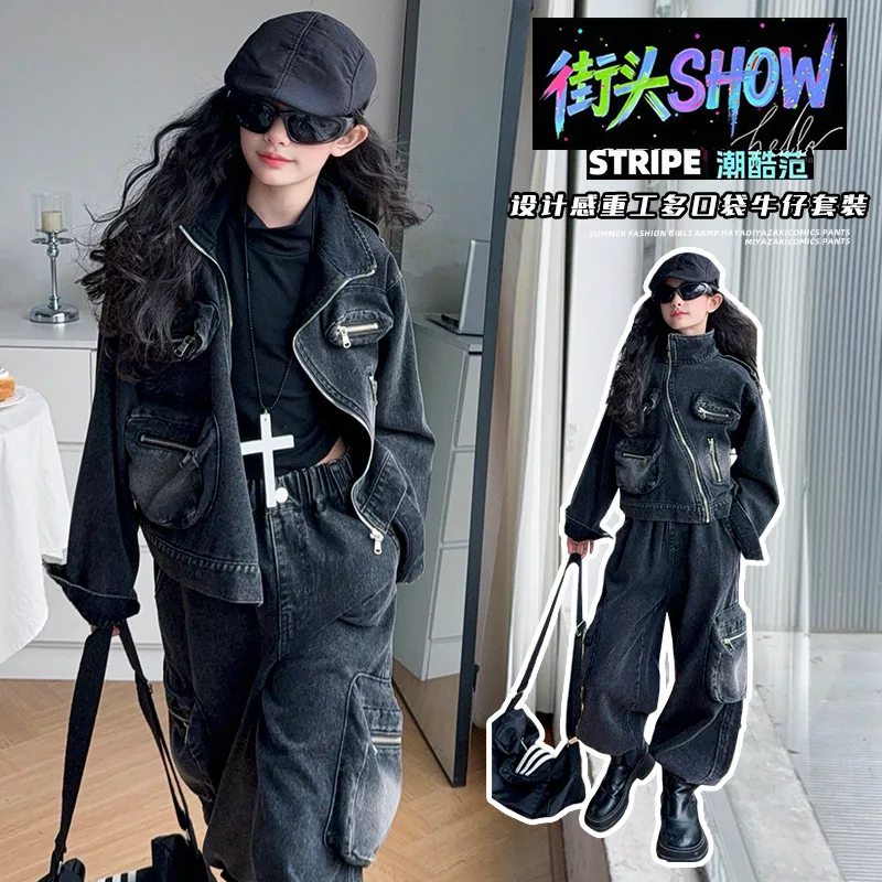 

Kawaii модный ковбойский свитер на молнии для девочек, джинсовый комплект, студенческий весенне-осенний повседневный топ, брюки, комплект из 2 предметов, детская одежда