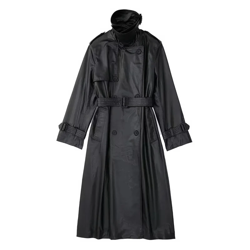 SUSOLA Autumn Long Black Patchwork Pu Leather Trench Coat for Women Double Breasted Loose Stylish Luxury Designer Clothing 2024