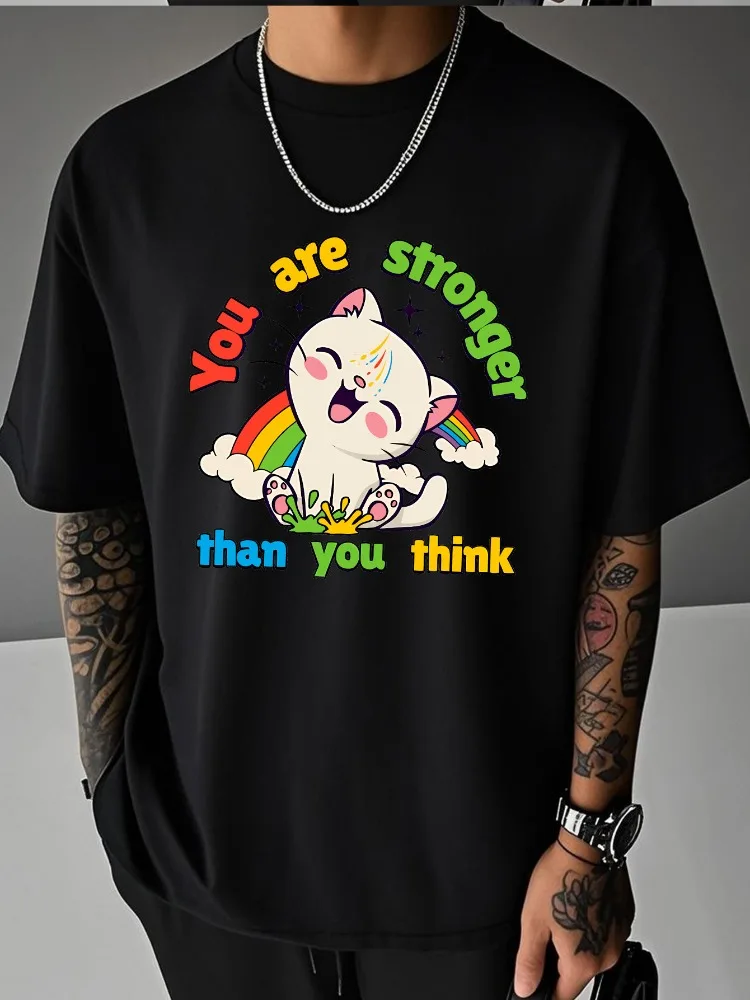 Men Summer Crew Neck T Shirt Cute Rainbow Cat You Are Stronger Than You Think Graphic Loose Short Sleeve Casual Streetwear Tops