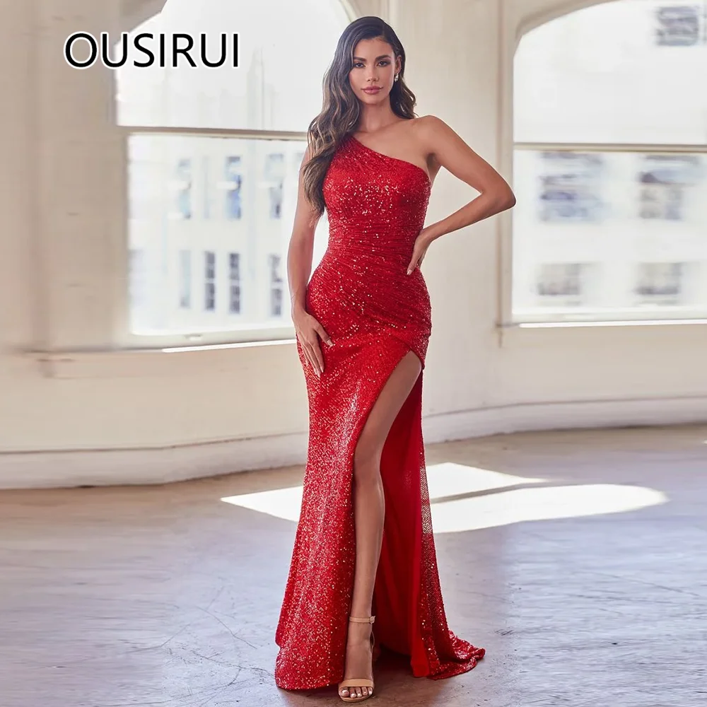 

OUSIRUI One Shoulder Sequins Sparkly Prom Party Dress Sexy Mermaid Side High Slit Court Prom Club Gown vestidos de festa