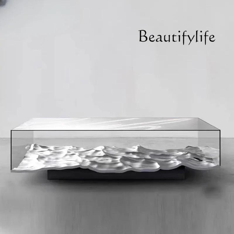 X40 Nordic Glass Water Ripple Coffee Table Electroplating Living Room Hotel Simple Modern Rectangular Multi-person Solid Color T