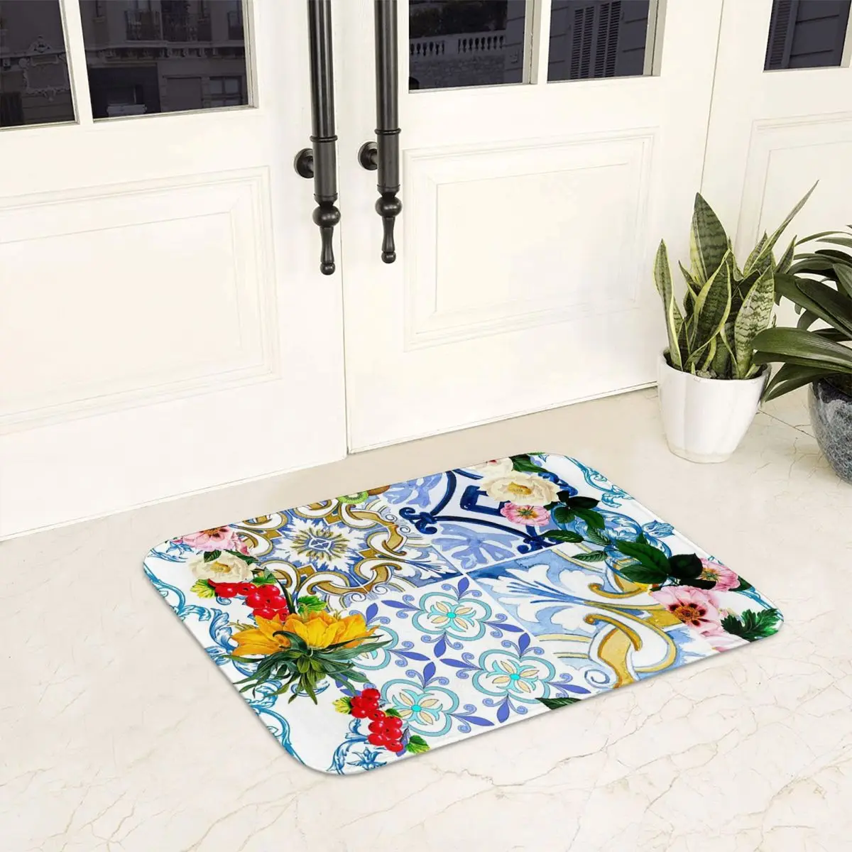 Sicilian Tiles,mediterranean,mosaic,lemons Non-slip Doormat Floor Mat Carpet Rug for Kitchen Entrance Home Balcony Footpad Mats