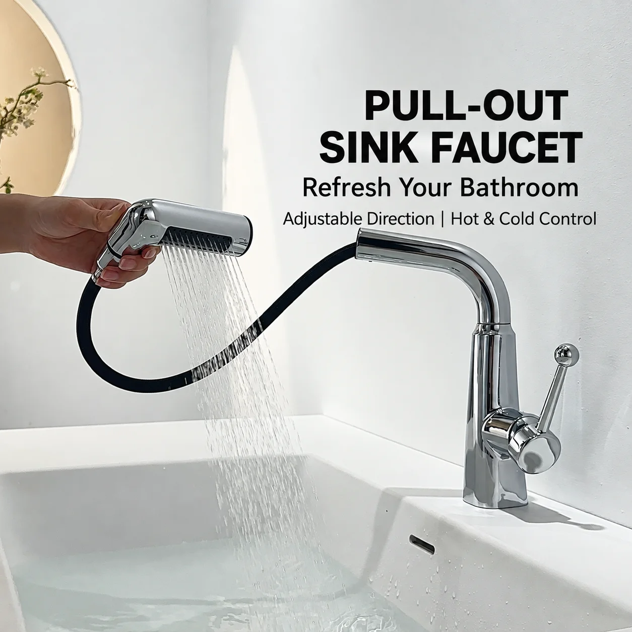 Pull Out Bathroom Sink Faucet Height Adjustable 360° Swivel Hot Cold Brass Basin Mixer Tap Single Handle Retractable Sprayer