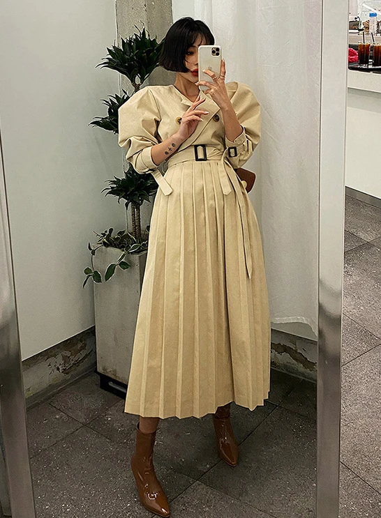 

Notched Botton Puff Sleeve Pleated A Line Dress Solid Color Maxi Vintage Elegant Black Vestidos Mujer Midi Casual Korean Jurkjes