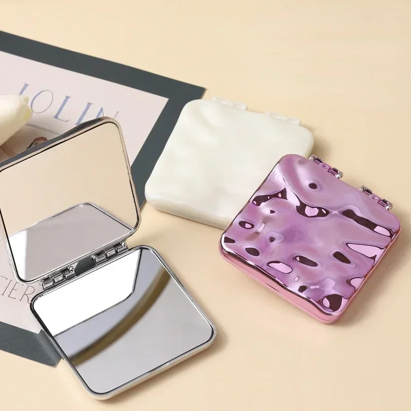 Foldable Plating Makeup Mirror Mini Square Makeup Vanity Portable Hand Mirrors Double-sided Compact Pocket Mirror