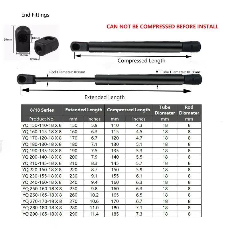 1PC 100N/23LB 150-290mm Universal Gas Strut  Ball Socket Lift Support Car Hood and Hatch Lift Trunk Camper Shell DIY Tool Box