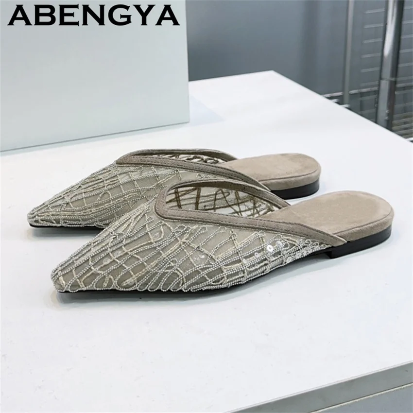 

Lace Pointy Toe Flat Slippers for Women Shiny Sequin Decoration Shallow Mouth Mules Shoes Woman Summer Sexy Party Shoes Mujer