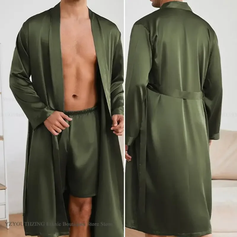 

Spring Summer Men Sleepwear Long Robe Short Pajamas Set Loose Casual Kimono Bathrobe Gown Silky Satin Home Clothes Loungewear