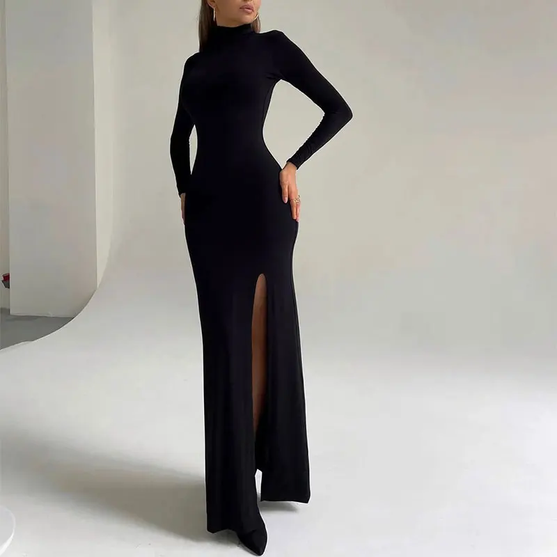 Autumn Winter New Dresses Sexy Black Split Women Maxi Dress Streetwear Fashion Turtleneck Long Sleeves Casual Slim Lady Dresses