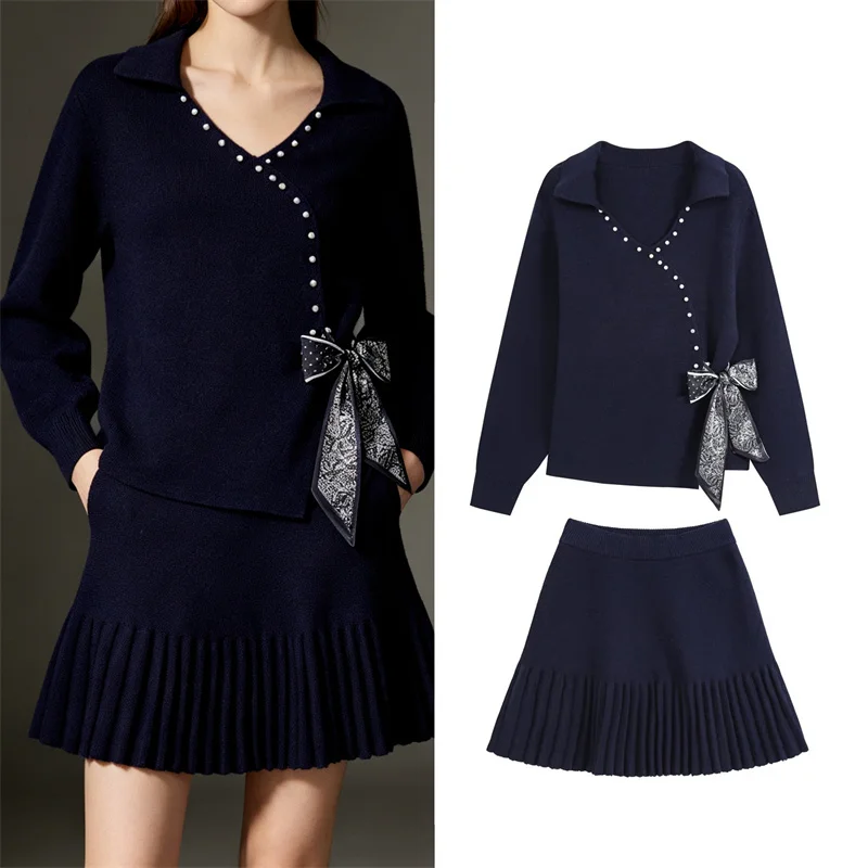 Guobioziy Women's Set 2026 Early Autumn New Casual High-End Versatile Long Sleeve Heavy-Duty Beaded Bow Pleated Skirt Knit Set