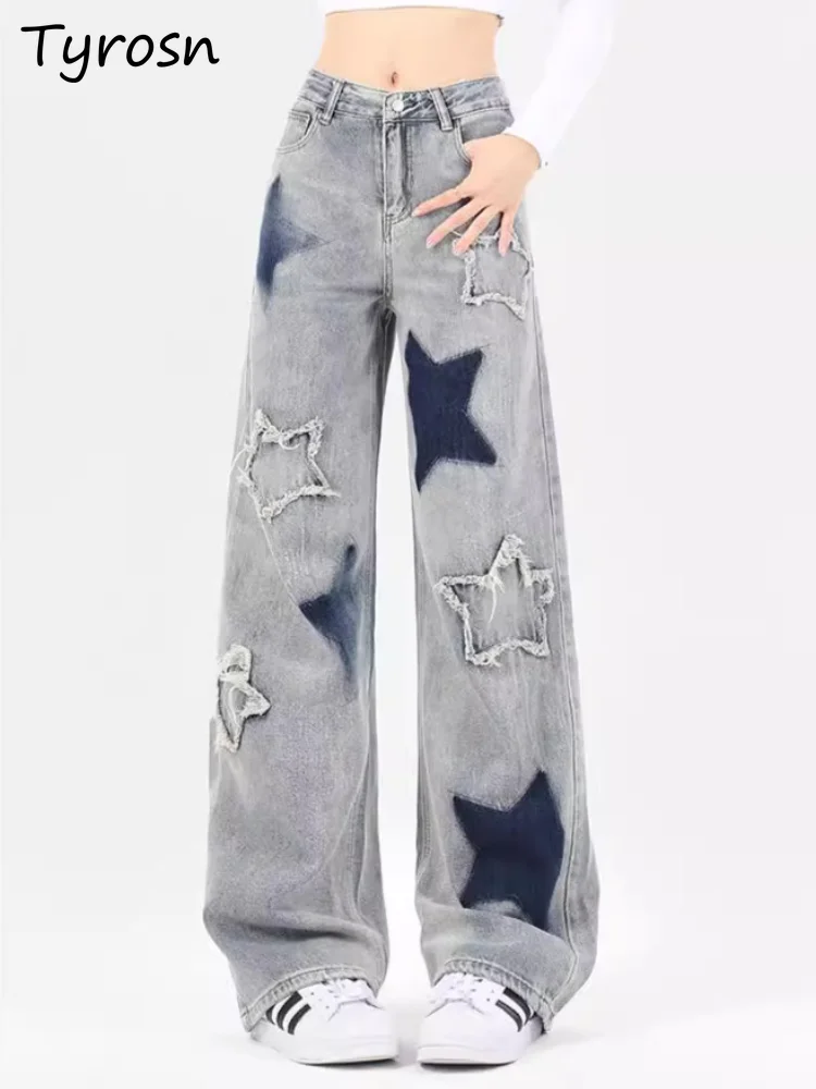 

Jeans Women American Retro Star Pattern Design Distressed Denim Straight Full Length Trousers Plus Size Loose High Waist Washed