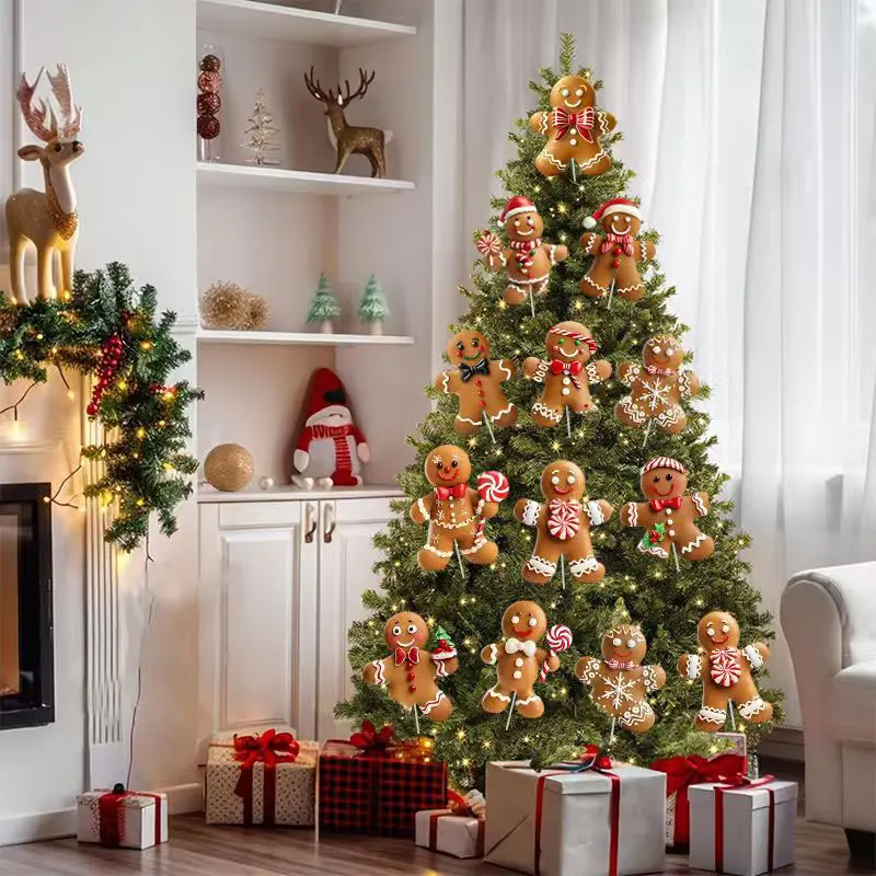 12 pieces of gingerbread man Christmas tree decoration plug-in plastic hollow board with pole Christmas atmosphere props, 2D