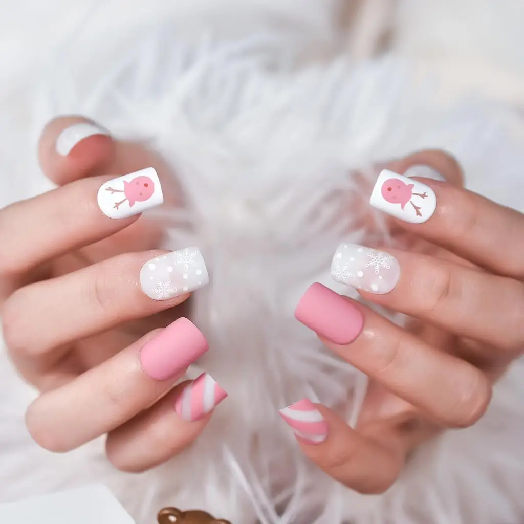 Kerst Pre-Design Roze Witte Pers Op Nagel Korte Squoval Valse Nagels Herbruikbare Acryl Herten Sneeuw Nail Art Tips Nep Nagels