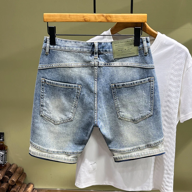 New summer high end luxury denim shorts with MEN'S panel patch slim fit straight barrel embroidery casual fashion jeans
