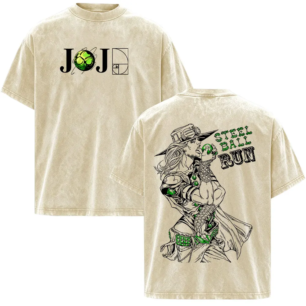 Anime Jojo Bizarre Adventure Gyro Zeppeli Steel Ball Run Vintage Washed T Shirt Men Women Clothing Casual Short Sleeves T-shirts
