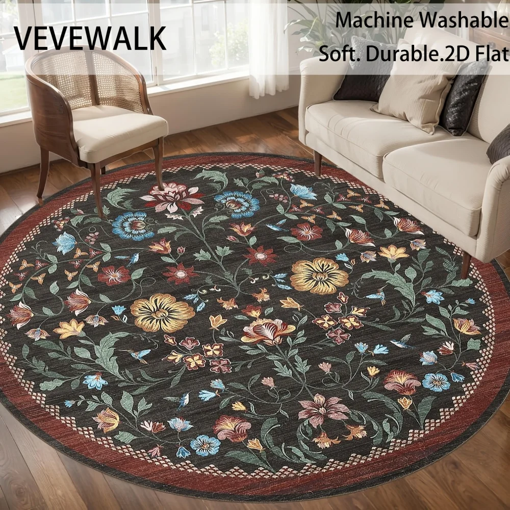 Vintage Distressed Blue Floral Round Area Rug Antique Ornate Flower Pattern Circular Carpet Soft Indoor Room Bedroom