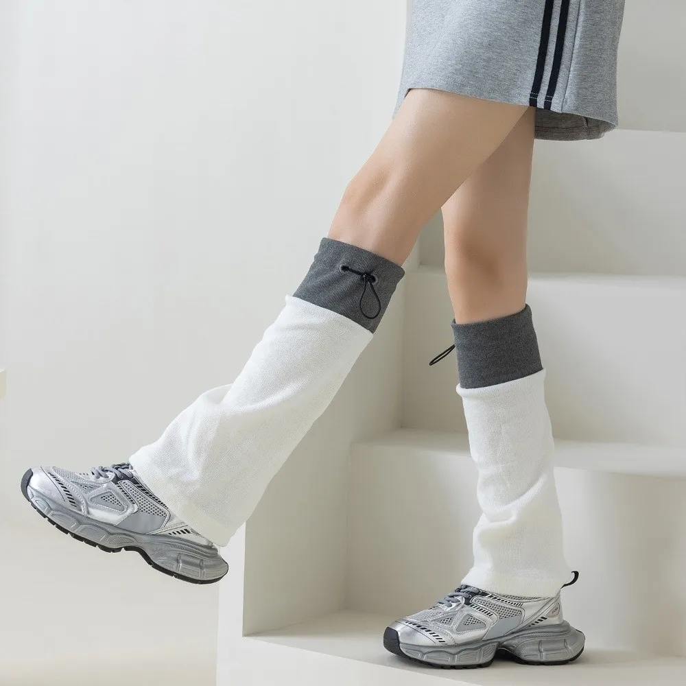 1 pair New Middle Tube Leg Warmers Breathable Adjustable Buckle Calf Socks Gray Spliced Drawstring Closure Boot Cuffs Women